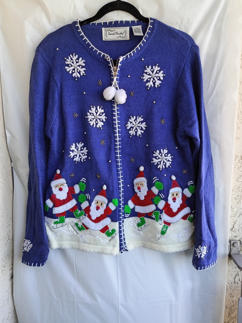 Vintage Sarah Bentley Skating Santa Christmas Sweater Cardigan Zip Up Size M